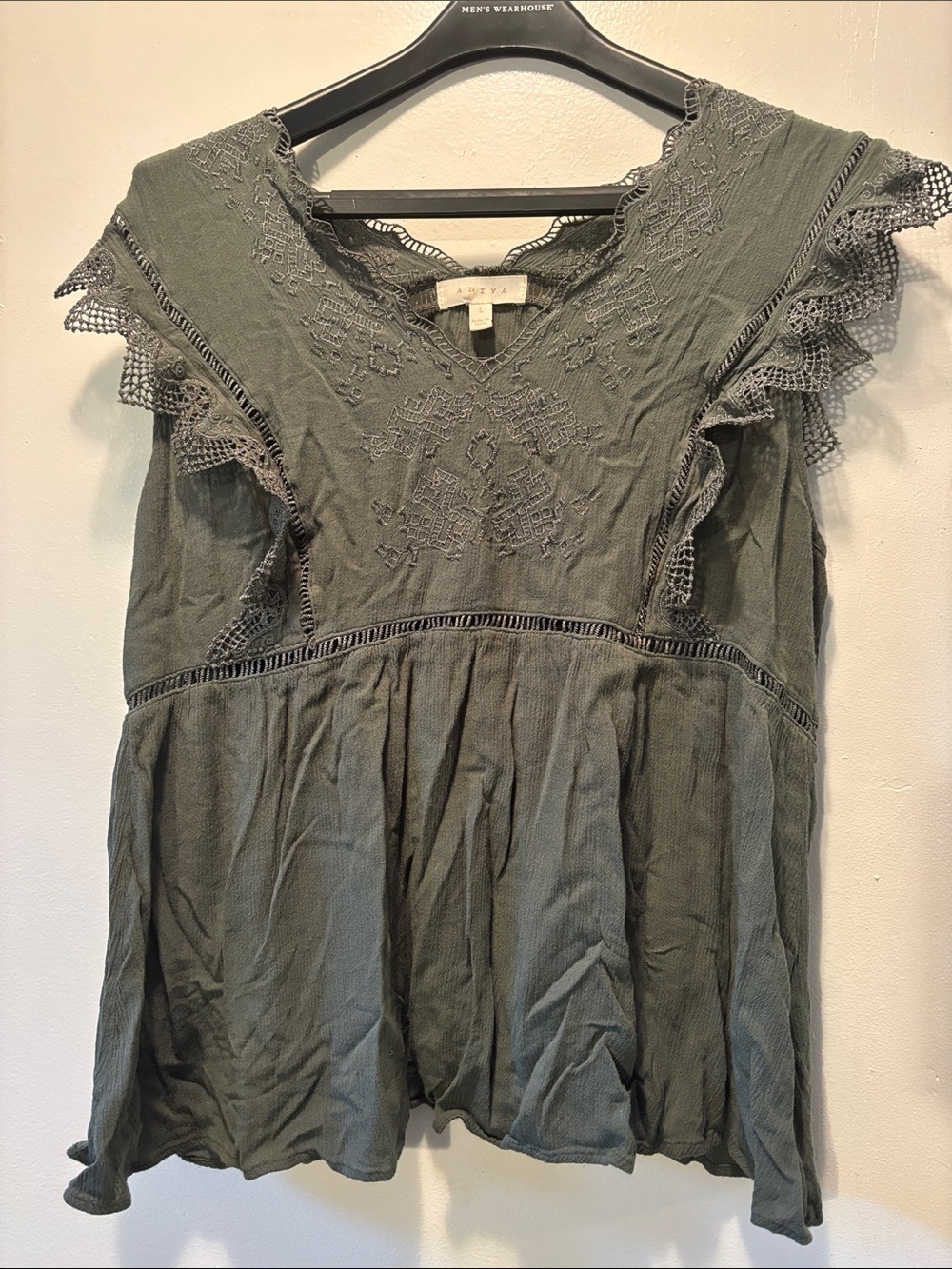 Adiva Olive Green Embroidered Flutter Sleeve Tunic Top